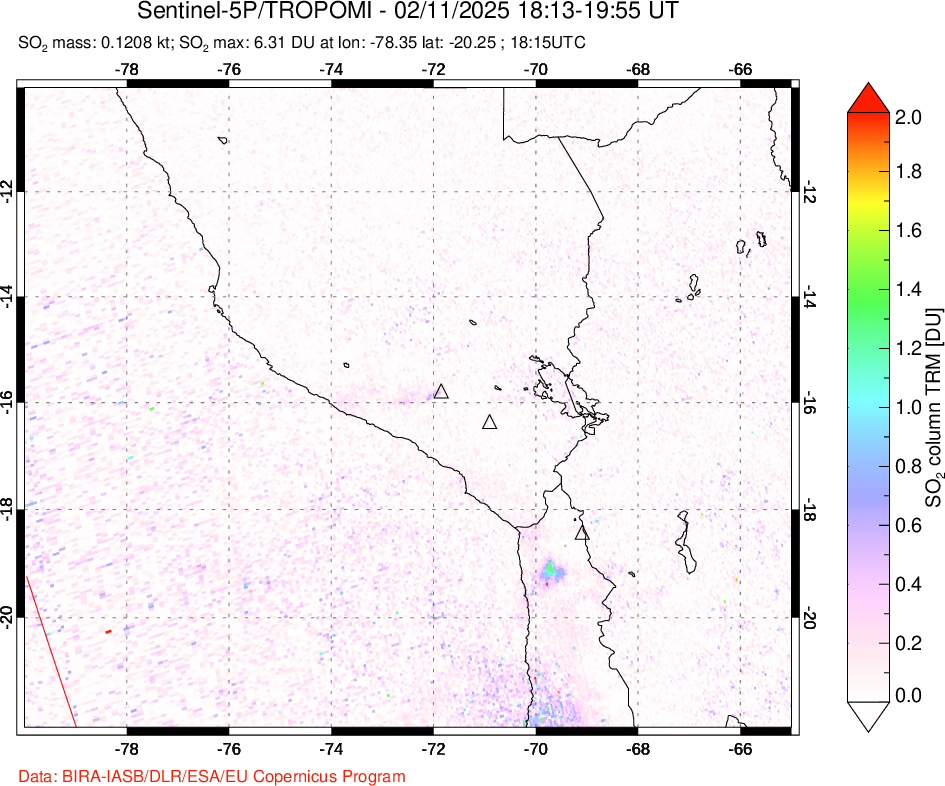 A sulfur dioxide image over Peru on Feb 11, 2025.