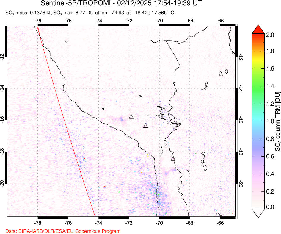 A sulfur dioxide image over Peru on Feb 12, 2025.