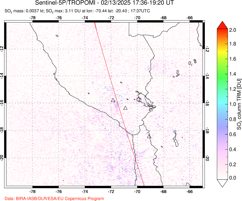 A sulfur dioxide image over Peru on Feb 13, 2025.