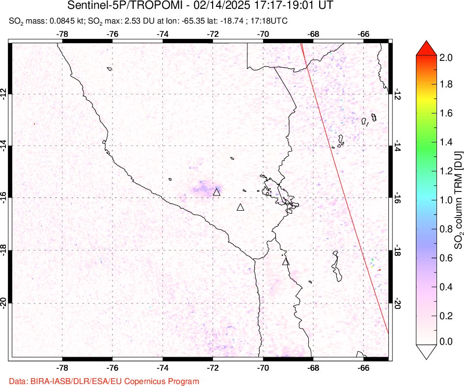 A sulfur dioxide image over Peru on Feb 14, 2025.