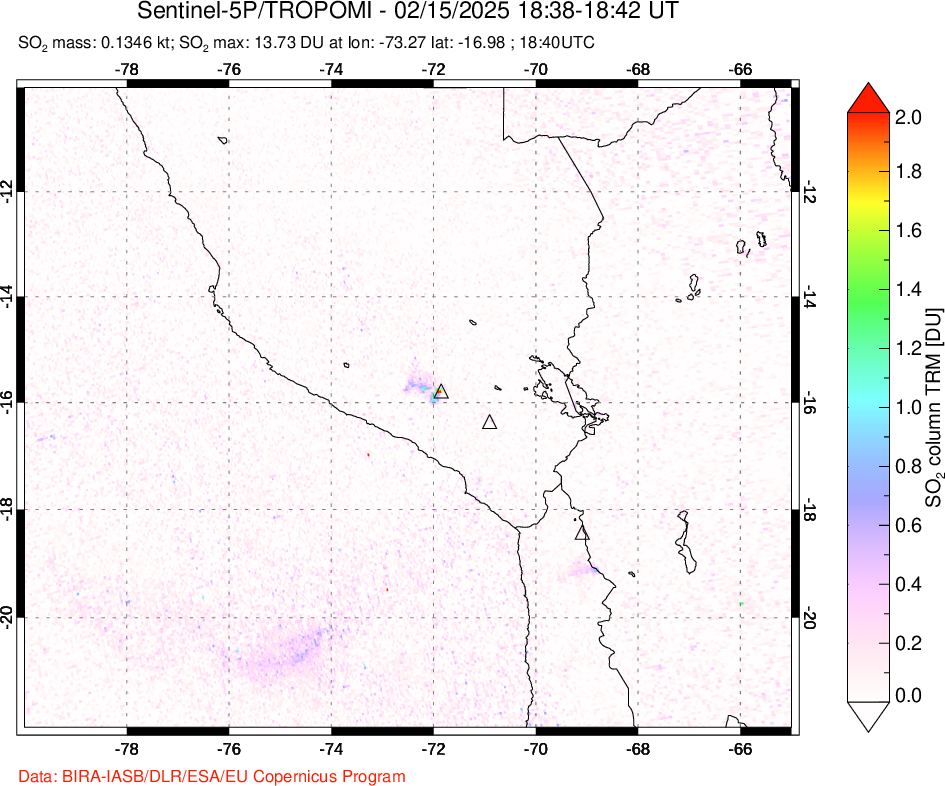 A sulfur dioxide image over Peru on Feb 15, 2025.