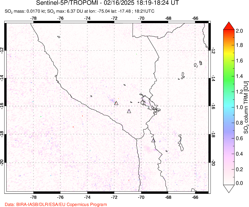 A sulfur dioxide image over Peru on Feb 16, 2025.