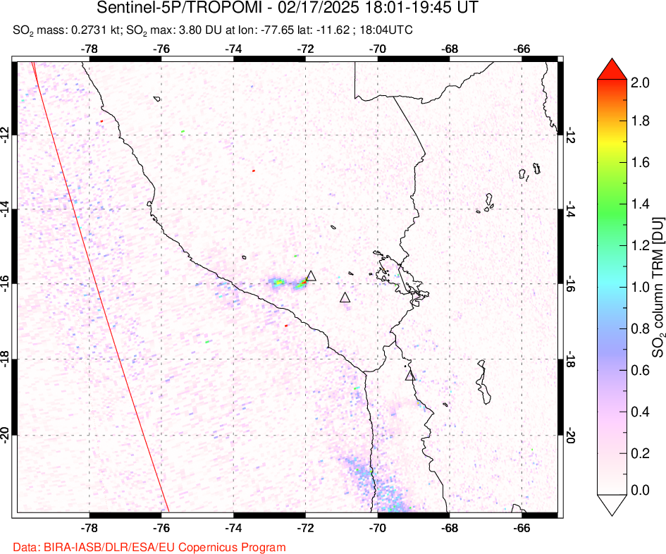 A sulfur dioxide image over Peru on Feb 17, 2025.