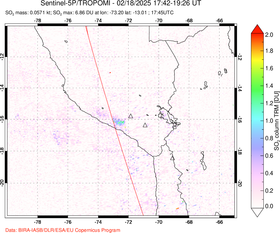 A sulfur dioxide image over Peru on Feb 18, 2025.