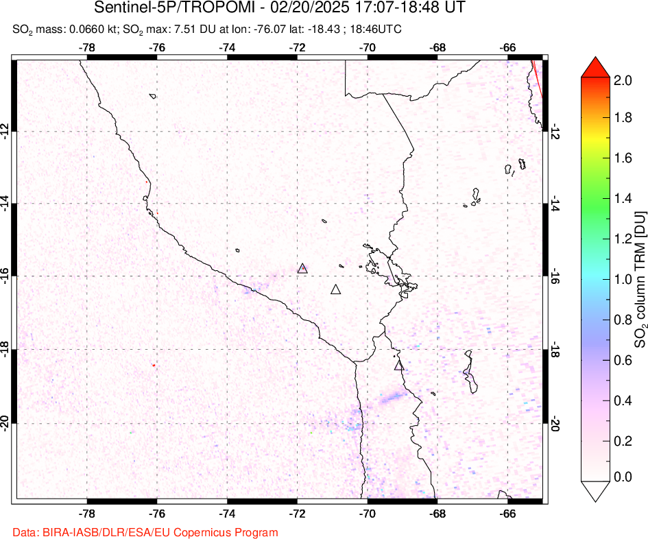 A sulfur dioxide image over Peru on Feb 20, 2025.