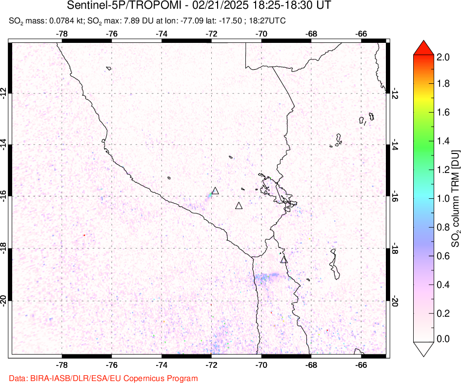 A sulfur dioxide image over Peru on Feb 21, 2025.