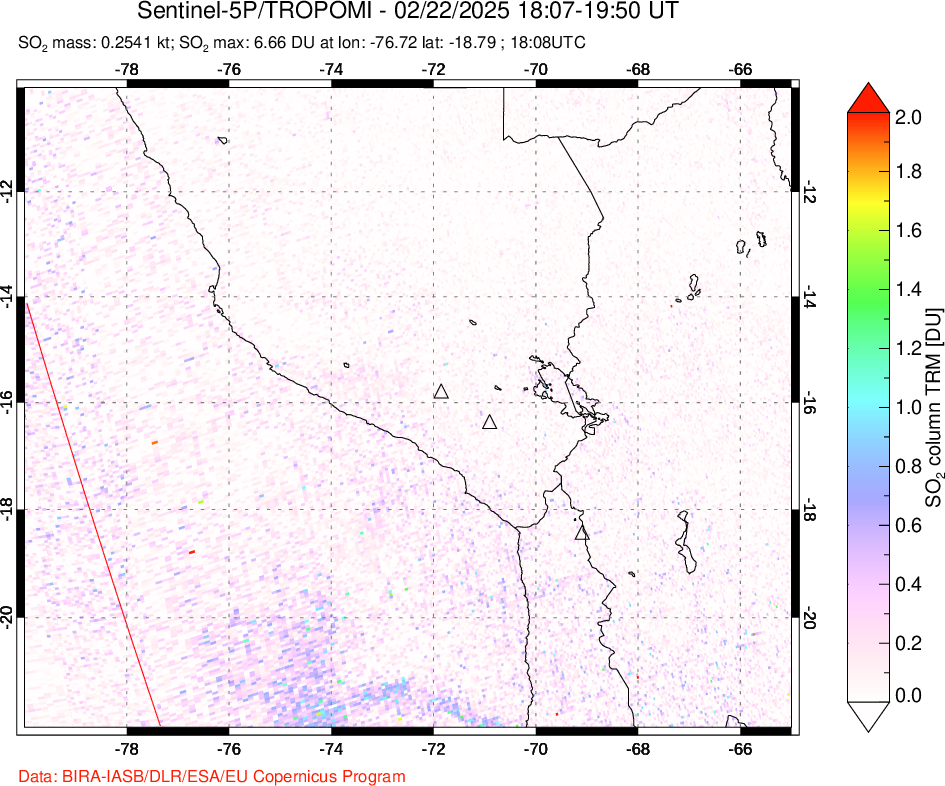 A sulfur dioxide image over Peru on Feb 22, 2025.