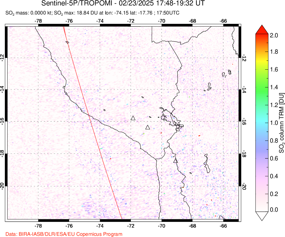 A sulfur dioxide image over Peru on Feb 23, 2025.