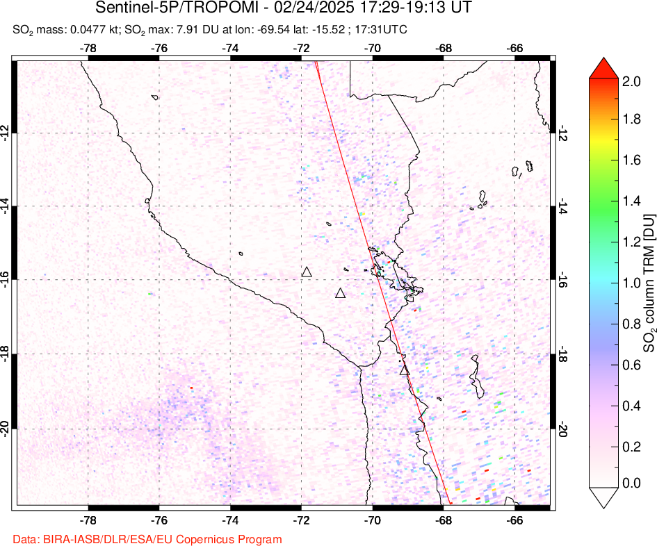 A sulfur dioxide image over Peru on Feb 24, 2025.