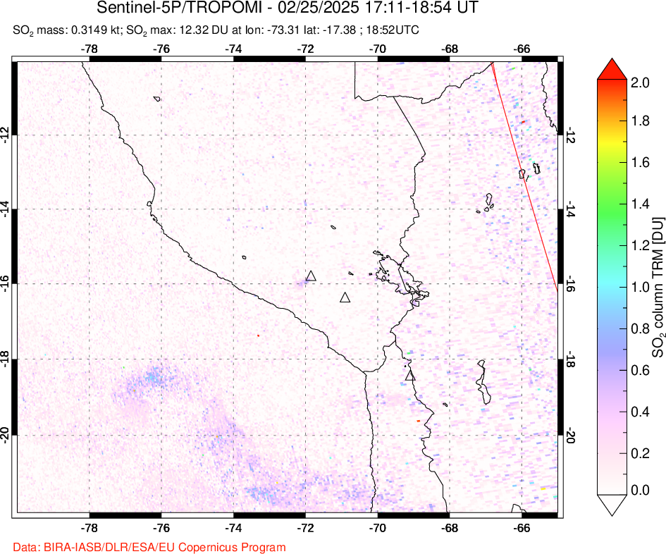 A sulfur dioxide image over Peru on Feb 25, 2025.