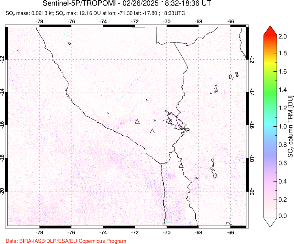 A sulfur dioxide image over Peru on Feb 26, 2025.