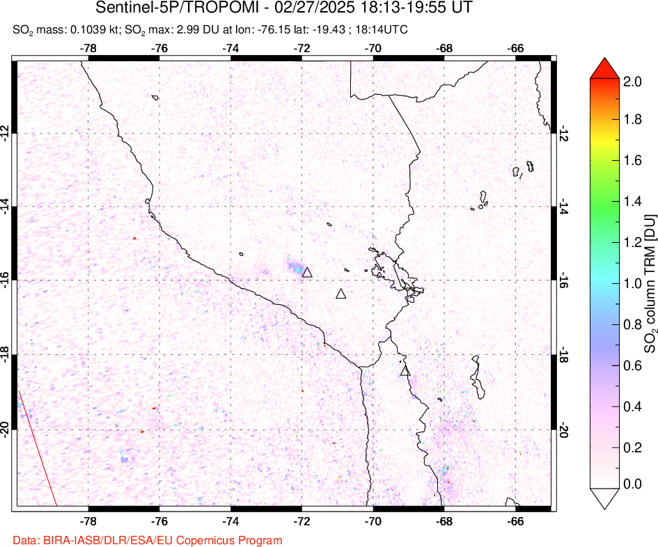 A sulfur dioxide image over Peru on Feb 27, 2025.