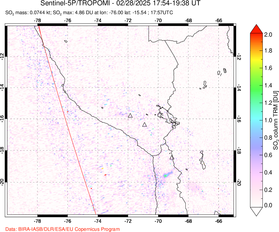 A sulfur dioxide image over Peru on Feb 28, 2025.