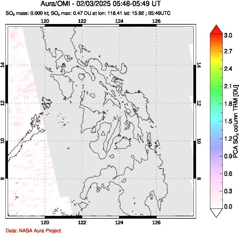 A sulfur dioxide image over Philippines on Feb 03, 2025.