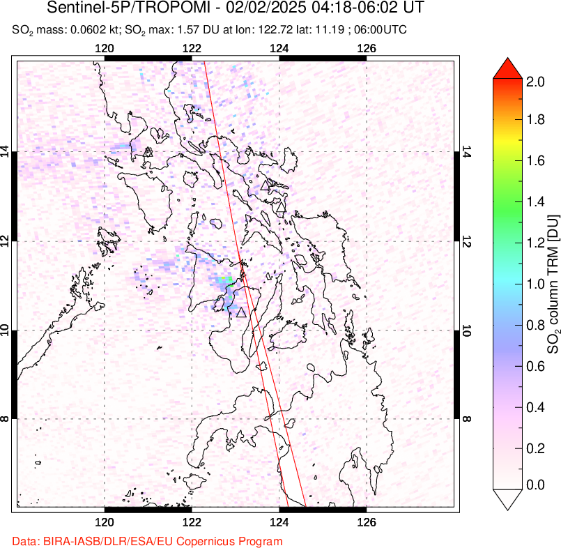 A sulfur dioxide image over Philippines on Feb 02, 2025.