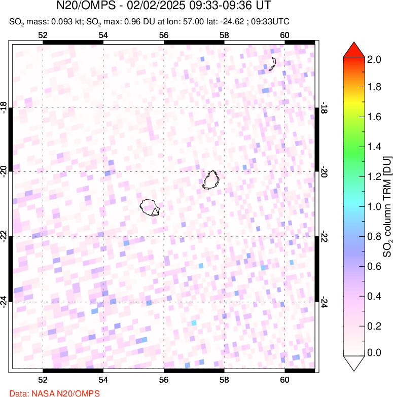 A sulfur dioxide image over Reunion Island, Indian Ocean on Feb 02, 2025.