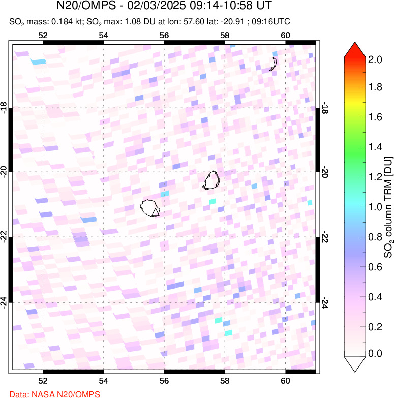 A sulfur dioxide image over Reunion Island, Indian Ocean on Feb 03, 2025.