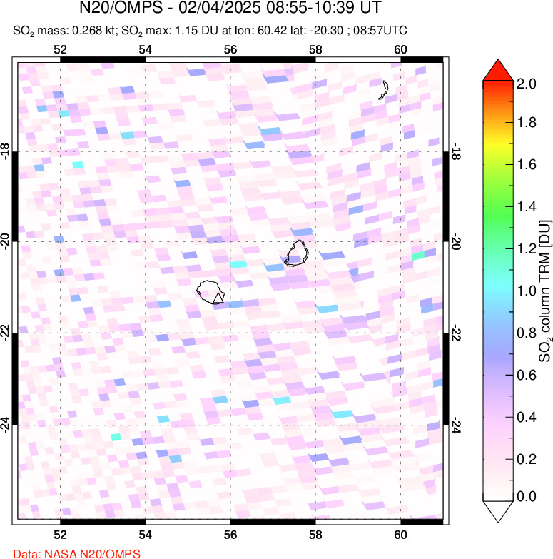 A sulfur dioxide image over Reunion Island, Indian Ocean on Feb 04, 2025.