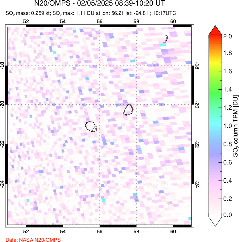 A sulfur dioxide image over Reunion Island, Indian Ocean on Feb 05, 2025.