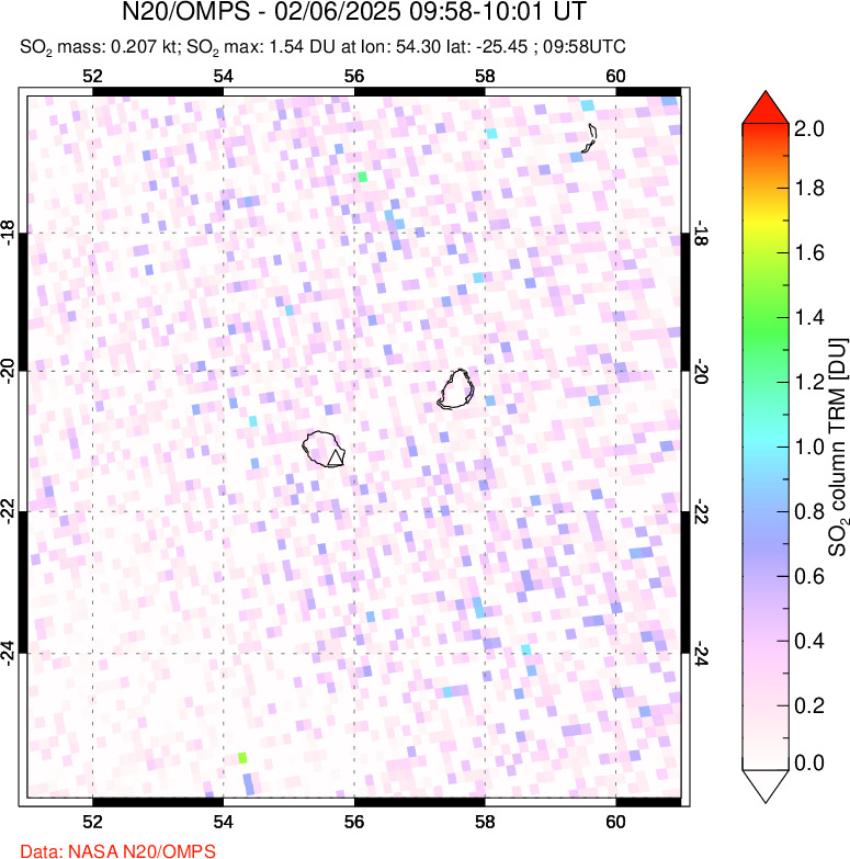 A sulfur dioxide image over Reunion Island, Indian Ocean on Feb 06, 2025.