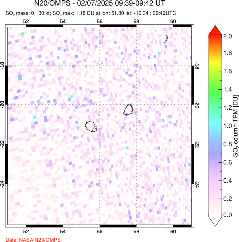 A sulfur dioxide image over Reunion Island, Indian Ocean on Feb 07, 2025.