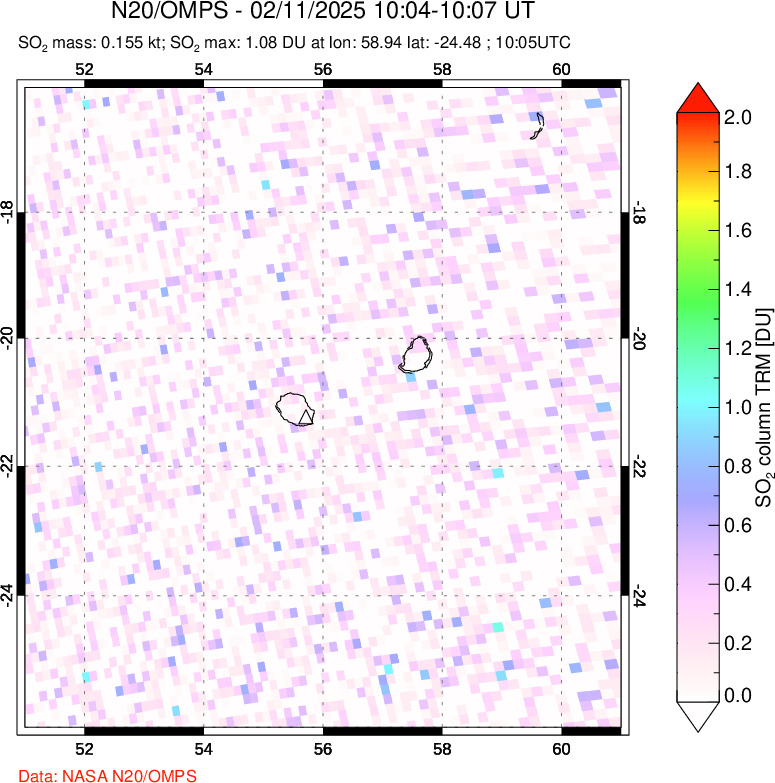 A sulfur dioxide image over Reunion Island, Indian Ocean on Feb 11, 2025.