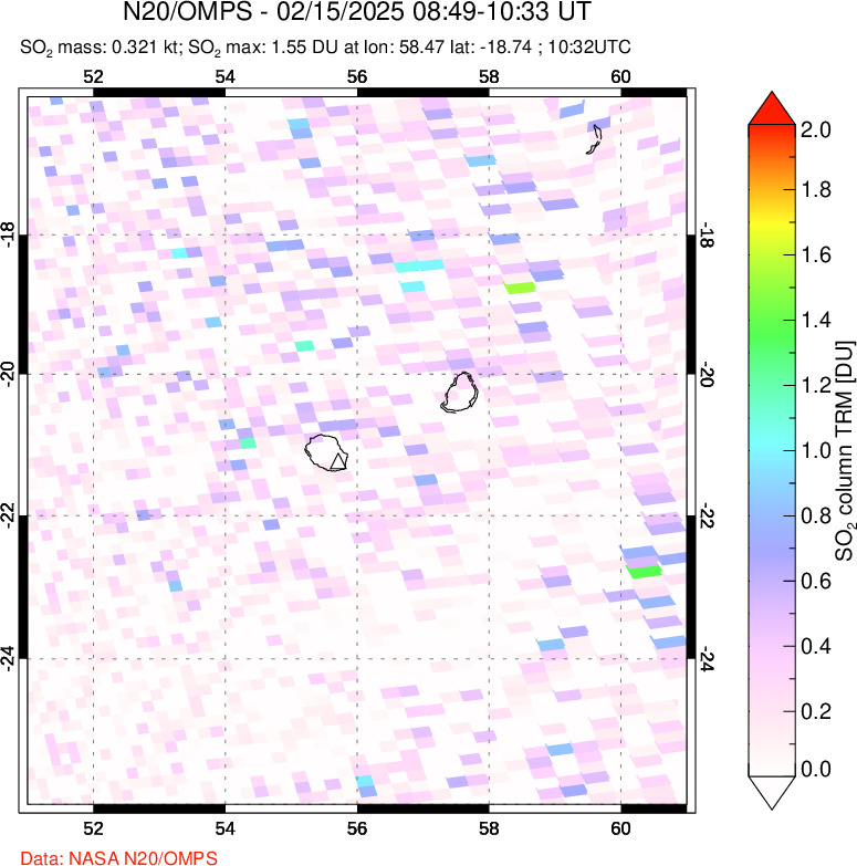 A sulfur dioxide image over Reunion Island, Indian Ocean on Feb 15, 2025.