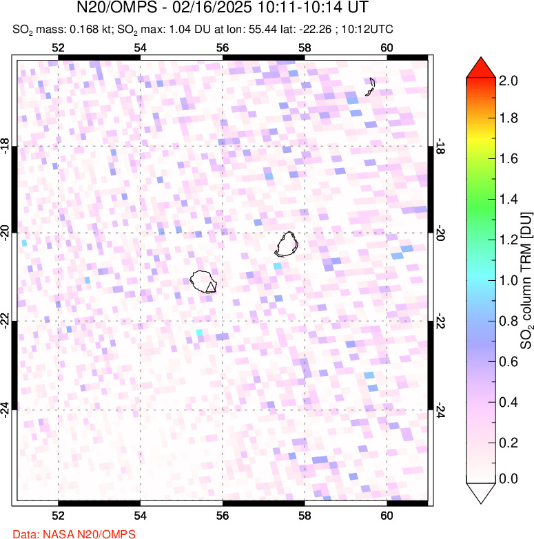 A sulfur dioxide image over Reunion Island, Indian Ocean on Feb 16, 2025.