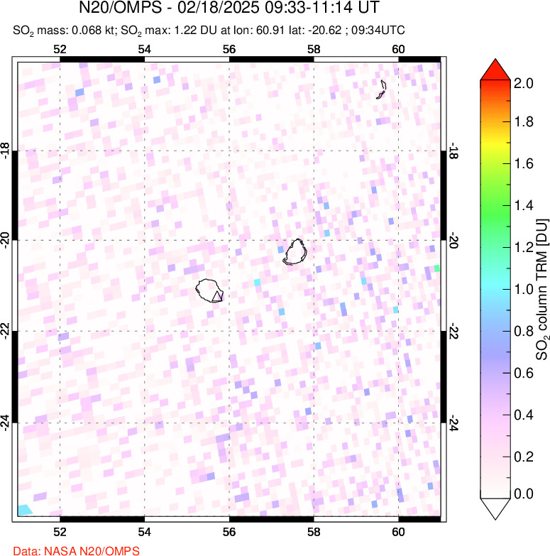 A sulfur dioxide image over Reunion Island, Indian Ocean on Feb 18, 2025.