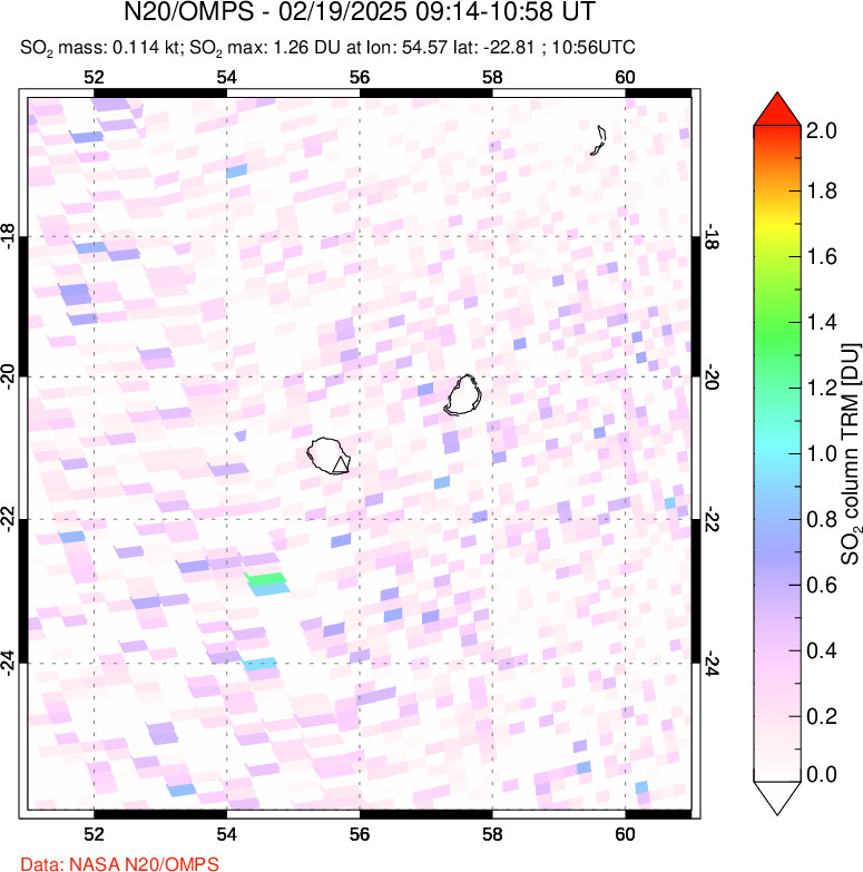 A sulfur dioxide image over Reunion Island, Indian Ocean on Feb 19, 2025.