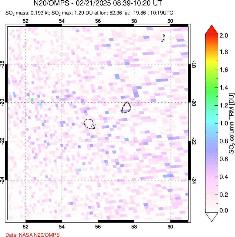 A sulfur dioxide image over Reunion Island, Indian Ocean on Feb 21, 2025.