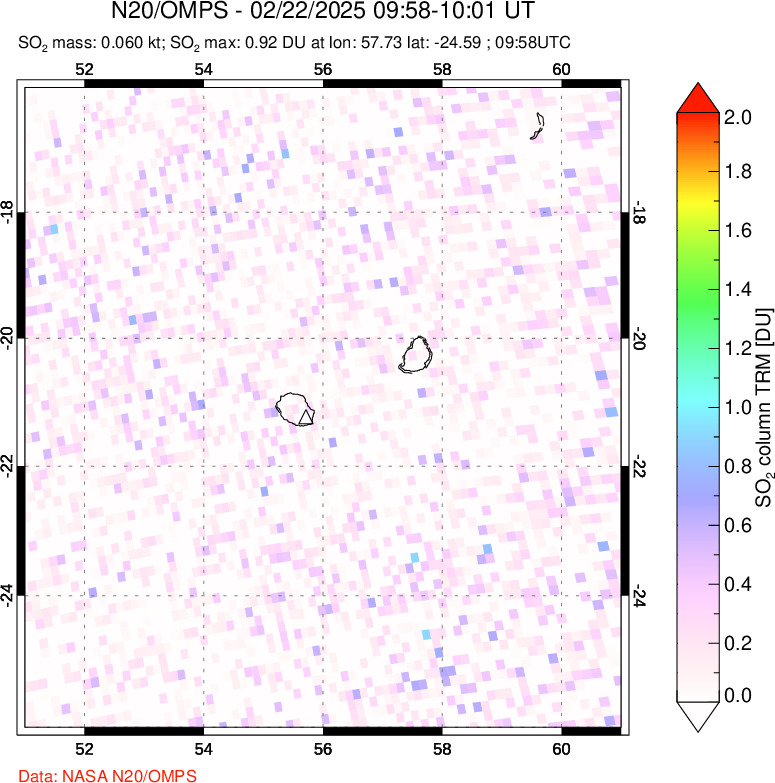 A sulfur dioxide image over Reunion Island, Indian Ocean on Feb 22, 2025.