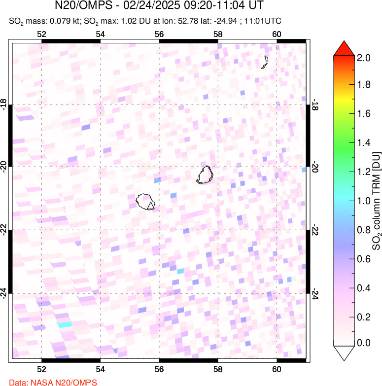 A sulfur dioxide image over Reunion Island, Indian Ocean on Feb 24, 2025.