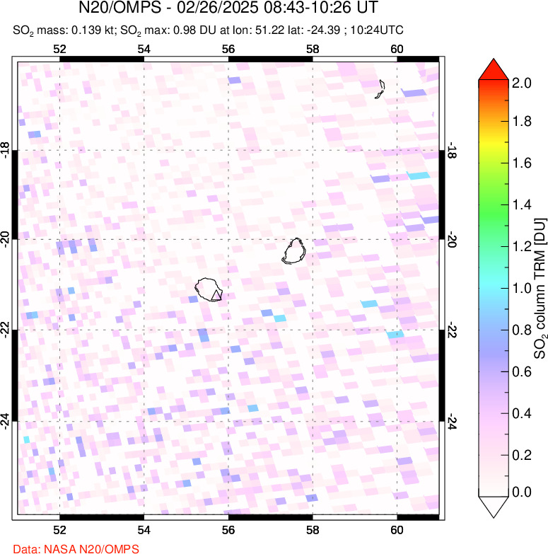 A sulfur dioxide image over Reunion Island, Indian Ocean on Feb 26, 2025.