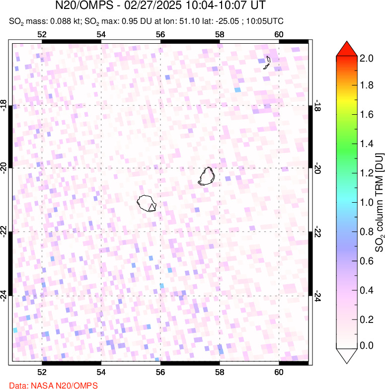 A sulfur dioxide image over Reunion Island, Indian Ocean on Feb 27, 2025.