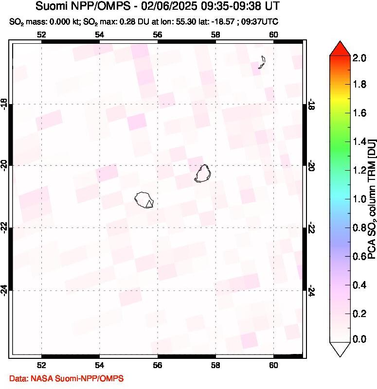 A sulfur dioxide image over Reunion Island, Indian Ocean on Feb 06, 2025.