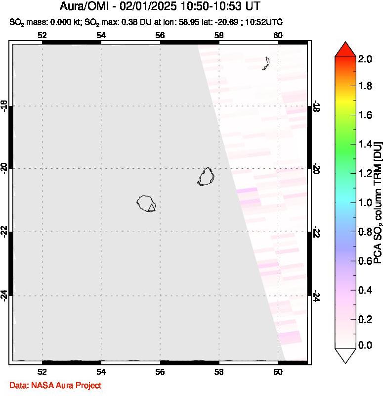 A sulfur dioxide image over Reunion Island, Indian Ocean on Feb 01, 2025.