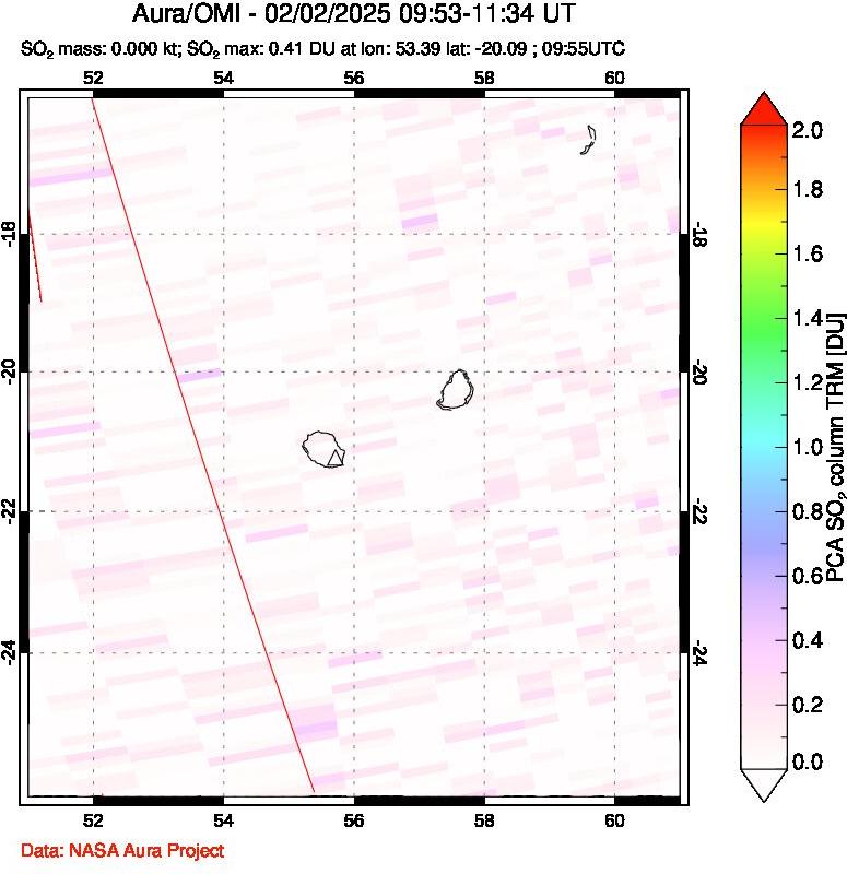 A sulfur dioxide image over Reunion Island, Indian Ocean on Feb 02, 2025.