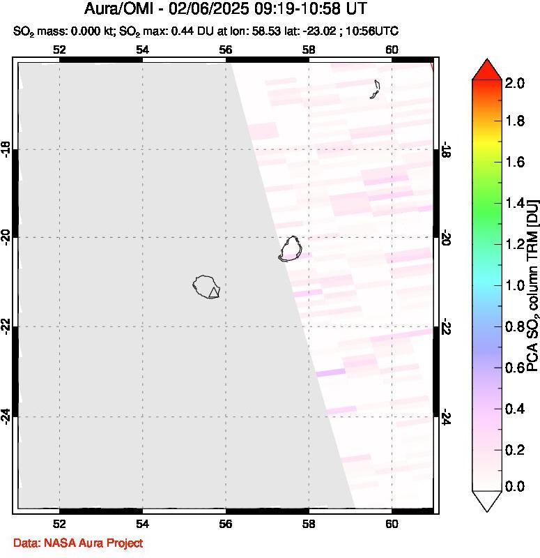 A sulfur dioxide image over Reunion Island, Indian Ocean on Feb 06, 2025.