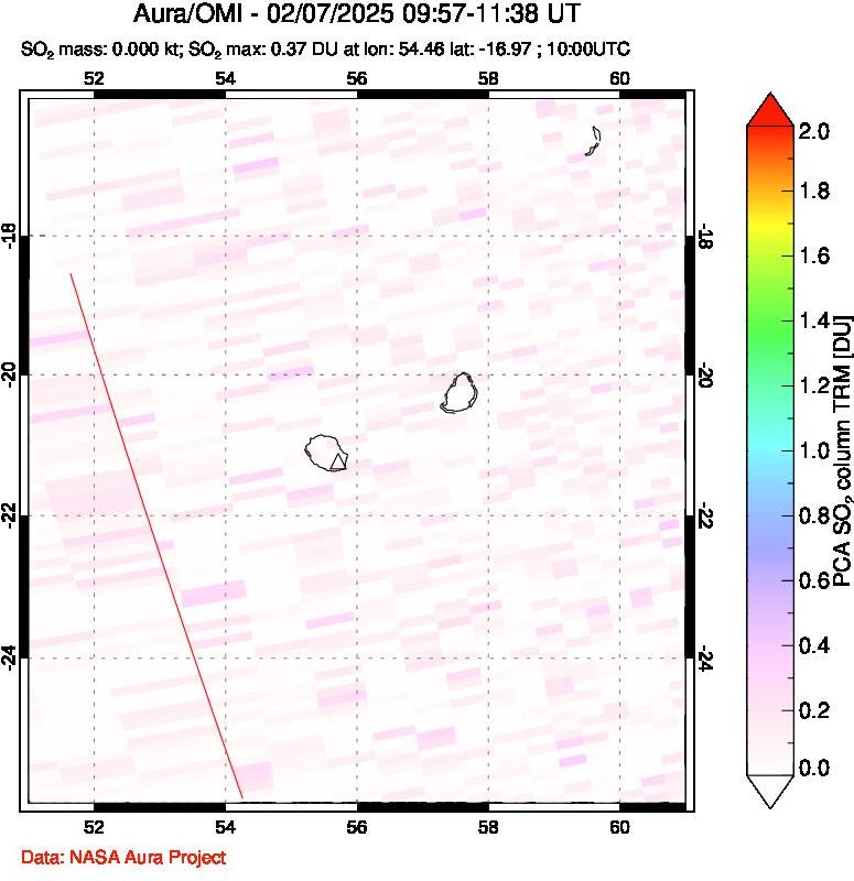 A sulfur dioxide image over Reunion Island, Indian Ocean on Feb 07, 2025.