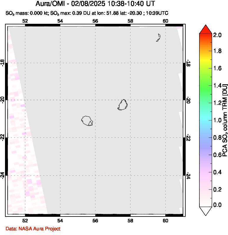 A sulfur dioxide image over Reunion Island, Indian Ocean on Feb 08, 2025.