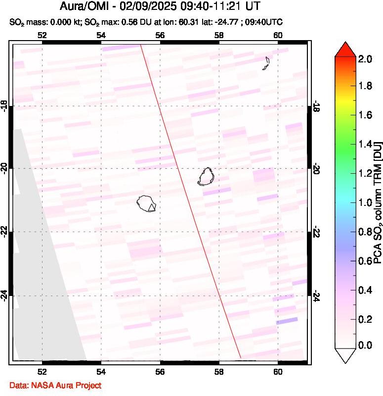 A sulfur dioxide image over Reunion Island, Indian Ocean on Feb 09, 2025.