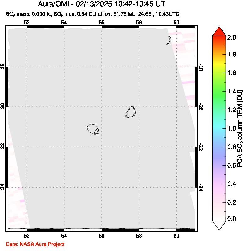 A sulfur dioxide image over Reunion Island, Indian Ocean on Feb 13, 2025.