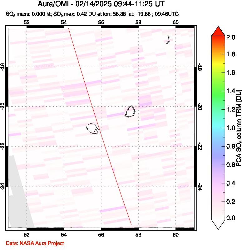 A sulfur dioxide image over Reunion Island, Indian Ocean on Feb 14, 2025.