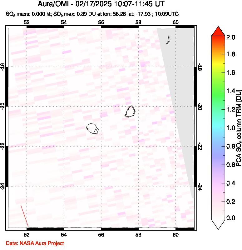 A sulfur dioxide image over Reunion Island, Indian Ocean on Feb 17, 2025.