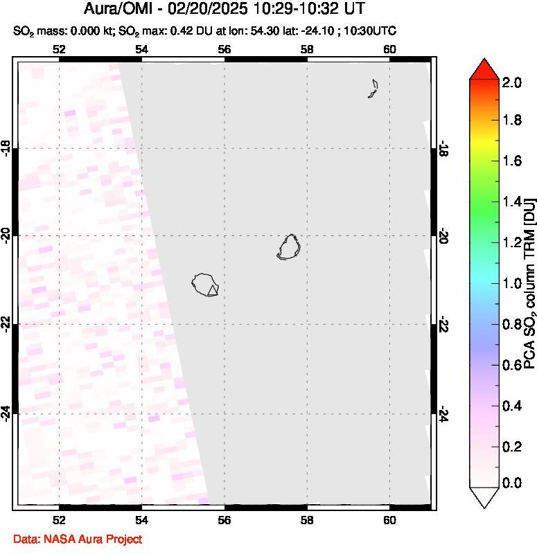 A sulfur dioxide image over Reunion Island, Indian Ocean on Feb 20, 2025.