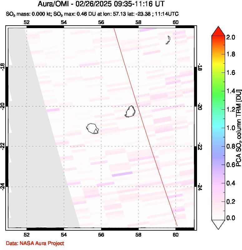 A sulfur dioxide image over Reunion Island, Indian Ocean on Feb 26, 2025.