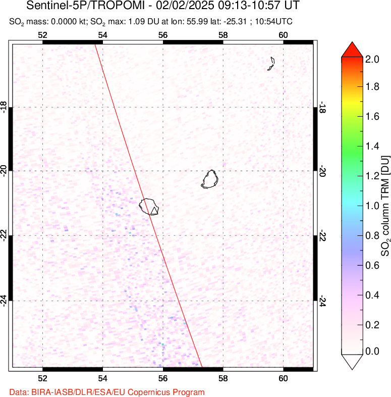 A sulfur dioxide image over Reunion Island, Indian Ocean on Feb 02, 2025.