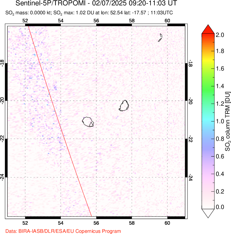 A sulfur dioxide image over Reunion Island, Indian Ocean on Feb 07, 2025.