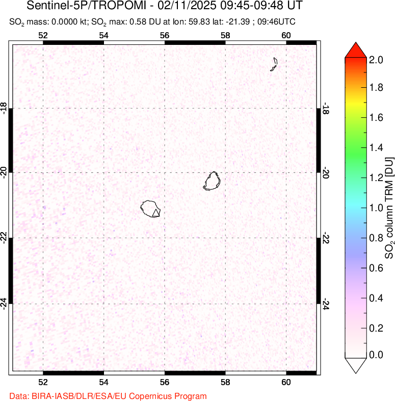 A sulfur dioxide image over Reunion Island, Indian Ocean on Feb 11, 2025.